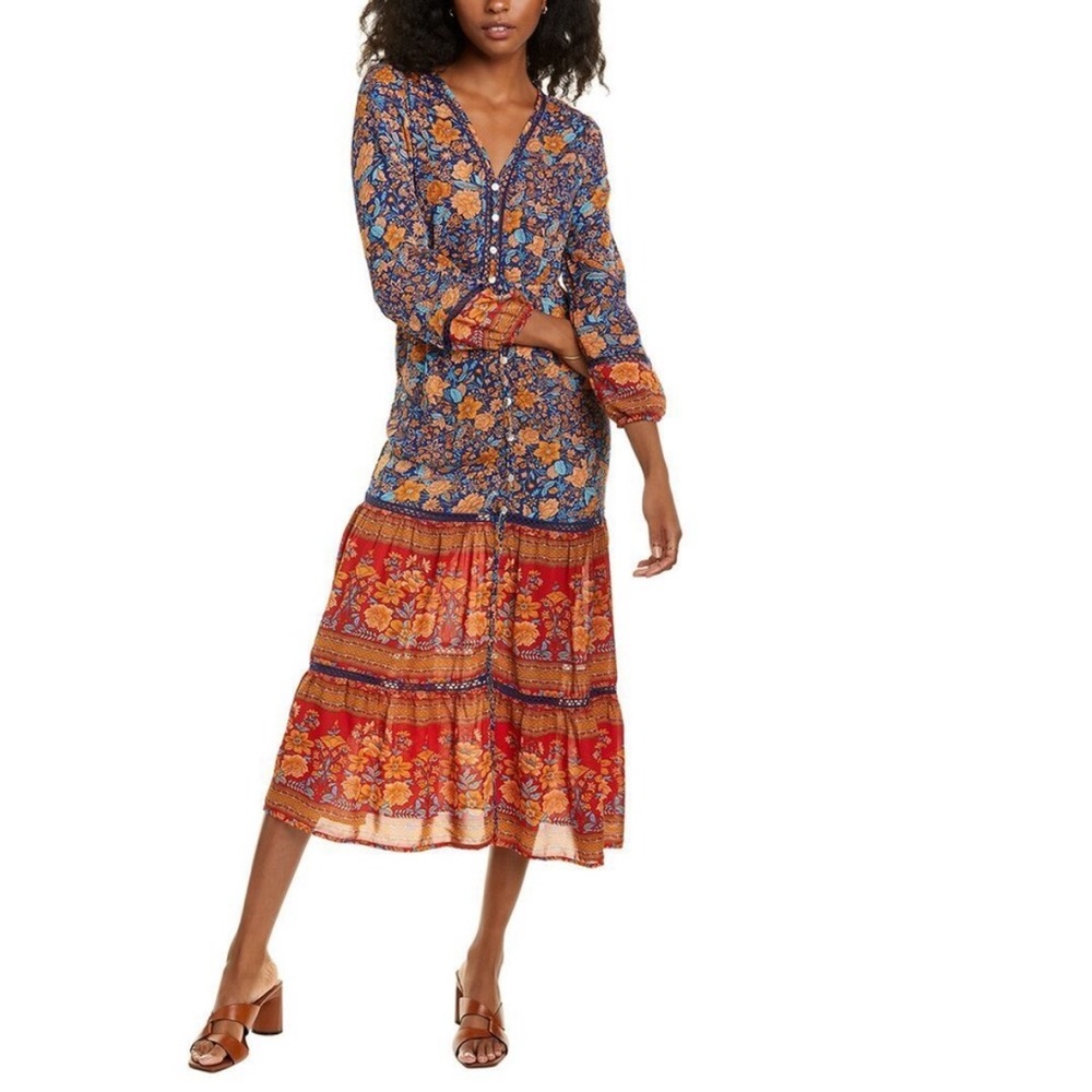 NWT TO MY LOVERS Blue Red Floral Tiered Maxi Dress Boho Bohemian Wedding Travel